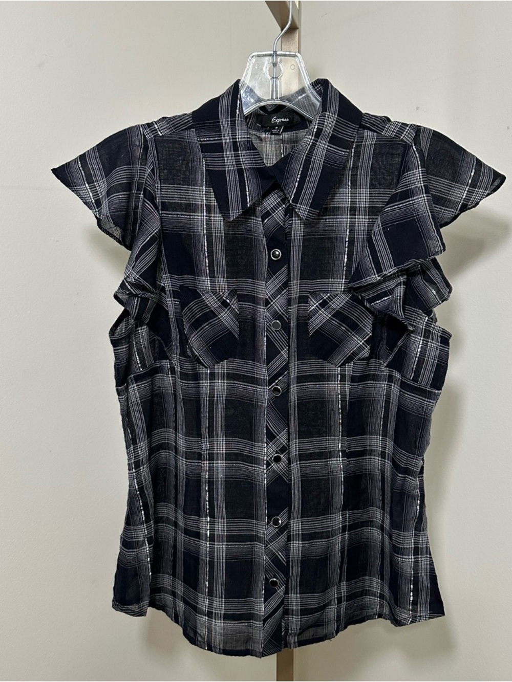Express Black & White Plaid Ruffled Sleeve Button-Up